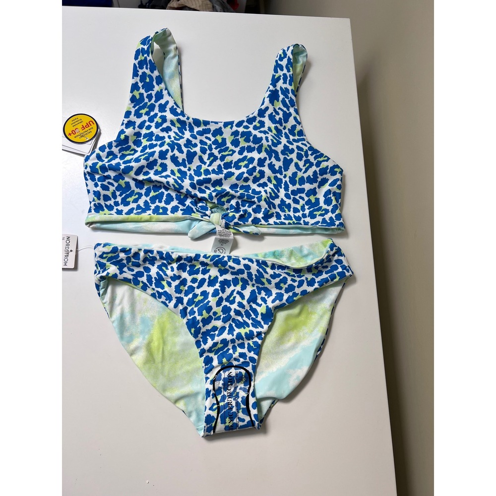 Treasure & Bond Girls Reversible Bikini Set Blue Leopard Tie Dye UPF 50+ Size 16